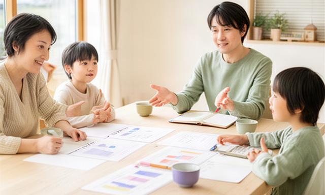 佐賀の明るいダイニングで家族が家計ノートと貯蓄計画を囲んで話し合う様子
