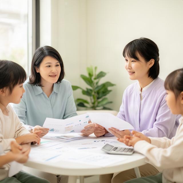 明るい相談室で家計資料を見ながら話すファイナンシャルプランナーと家族