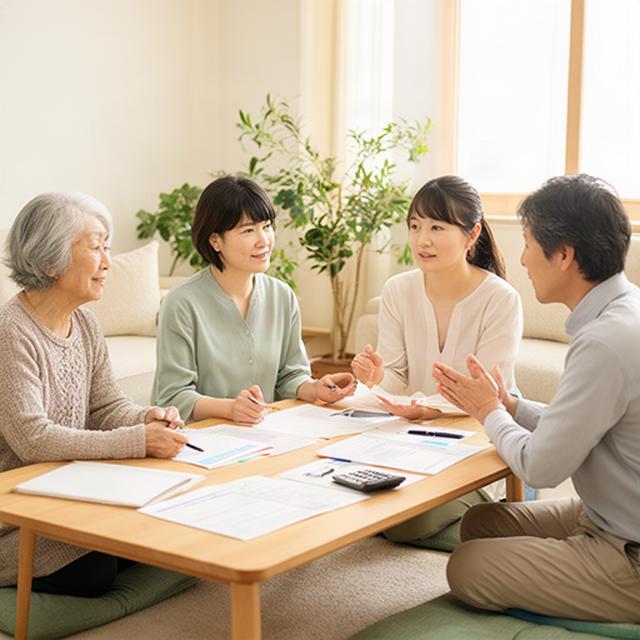 佐賀の明るい居間で親世代と子育て世代が家計資料を囲んで相談する様子
