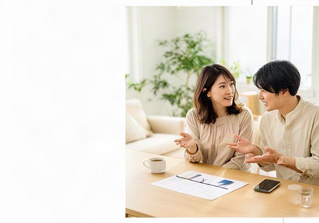 佐賀の明るいリビングで家族の予定表を囲み資金計画を話し合う夫婦