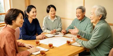 家族で介護と将来の生活費について落ち着いて相談する場面